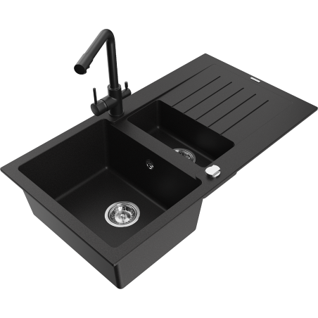 Mexen Matias granite sink 1.5-bowl with drainer and Duero kitchen tap, black - 6502-77-671600-70