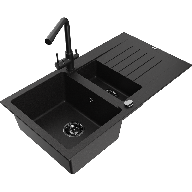 Mexen Matias granite sink 1.5-bowl with drainer and Duero kitchen tap, black - 6502-77-671600-70-B