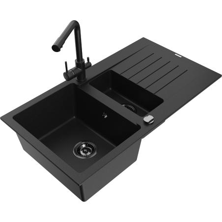 Mexen Matias 1.5-bowl granite sink with drainer and Duero kitchen faucet, black - 6502-77-671600-70-B