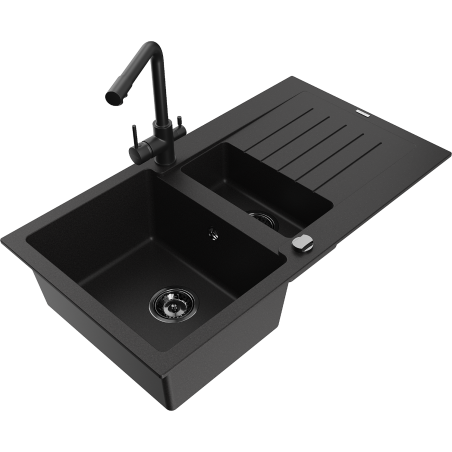 Mexen Matias fregadero de granito de 1,5 senos con escurridor y grifo de cocina Duero, negro - 6502-77-671600-70-B