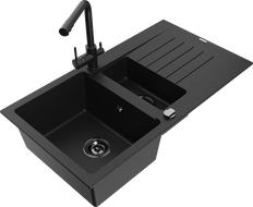 Mexen Matias fregadero de granito 1,5 cubetas con escurridor y grifo de cocina Duero, negro - 6502-77-671600-70-B