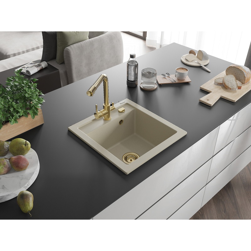 Mexen Vito granit gootsteen 1-komoors met keukenkraan Duero, beige - 6503-69-671600-50