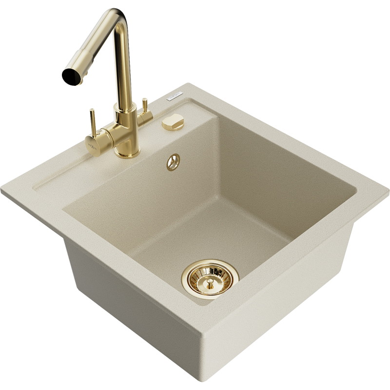 Mexen Vito granieten gootsteen 1-komerig met keukenmengkraan Duero, beige - 6503-69-671600-50