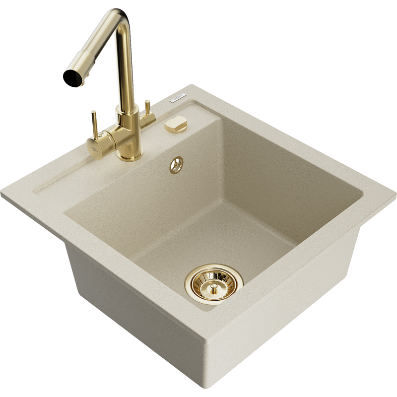 Mexen Vito lavello in granito a 1 vasca con rubinetto da cucina Duero, beige - 6503-69-671600-50