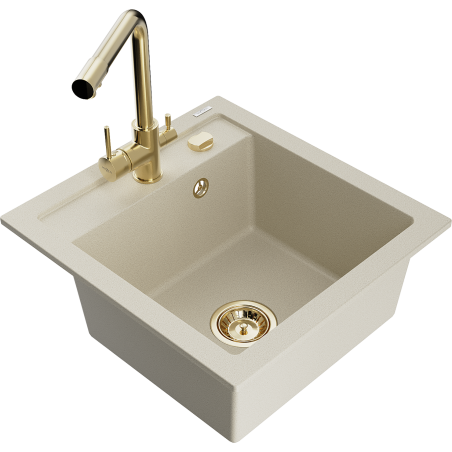 Mexen Vito évier en granit à 1 bac avec robinet de cuisine Duero, beige - 6503-69-671600-50