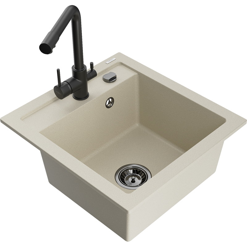 Mexen Vito évier en granit 1 bac avec robinet de cuisine Duero, beige - 6503-69-671600-70
