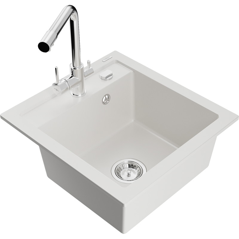Mexen Vito fregadero de granito de 1 cuenco con grifo de cocina Duero, blanco - 6503-20-671600-00