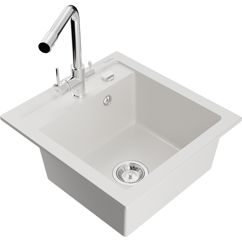 Mexen Vito fregadero de granito de 1 seno con grifo de cocina Duero, blanco - 6503-20-671600-00