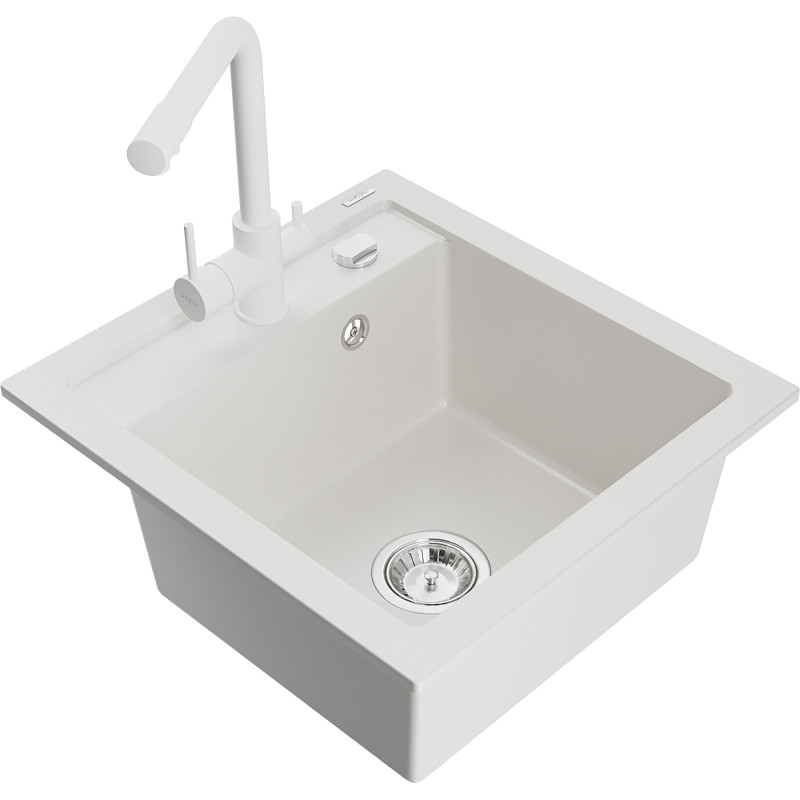 Mexen Vito granieten spoelbak met 1 bak en Duero keukenkraan, wit - 6503-20-671600-20
