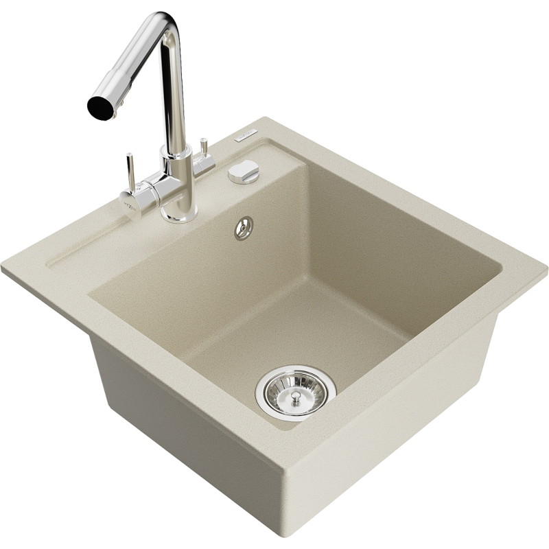 Mexen Vito évier en granit 1 bac avec robinet de cuisine Duero, beige - 6503-69-671600-00