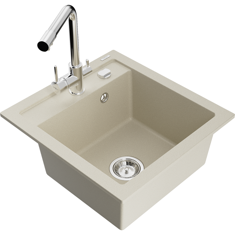 Mexen Vito fregadero de granito de 1 compartimento con grifo de cocina Duero, beige - 6503-69-671600-00