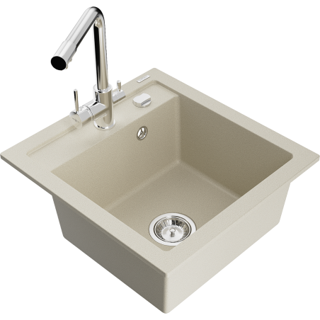 Mexen Vito 1-bowl granite sink with Duero kitchen mixer tap, beige - 6503-69-671600-00