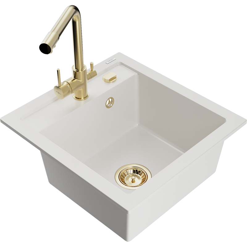 Mexen Vito fregadero de granito de 1 seno con grifo de cocina Duero, blanco - 6503-20-671600-50