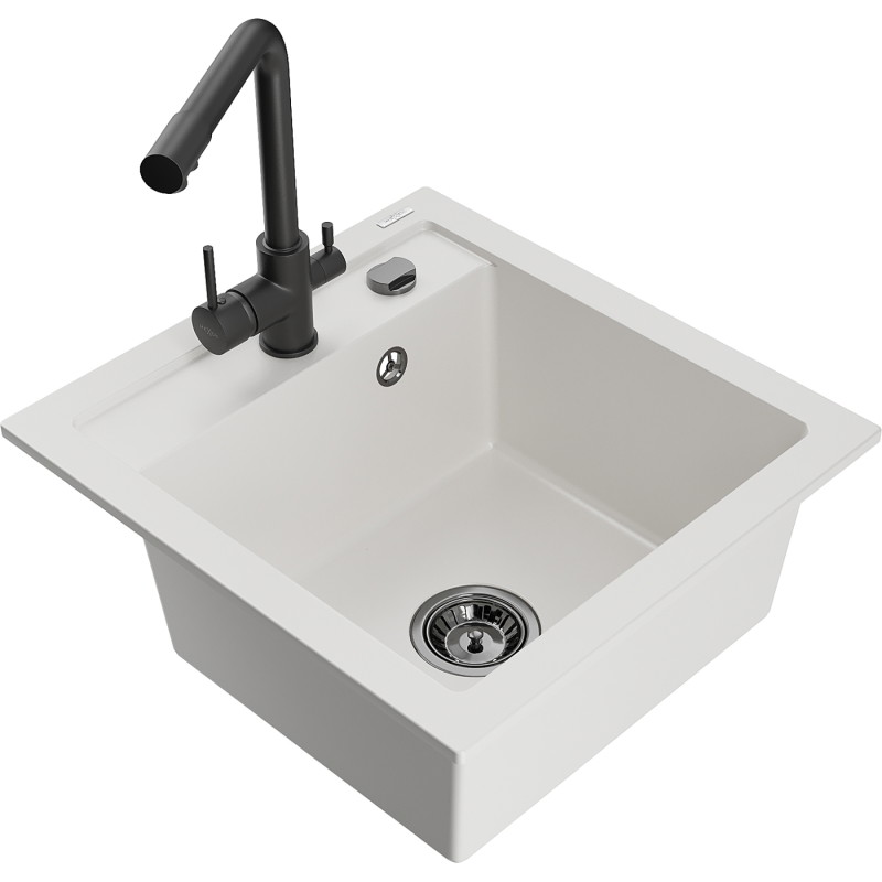 Mexen Vito fregadero de granito de 1 cubeta con grifo de cocina Duero, blanco - 6503-20-671600-70