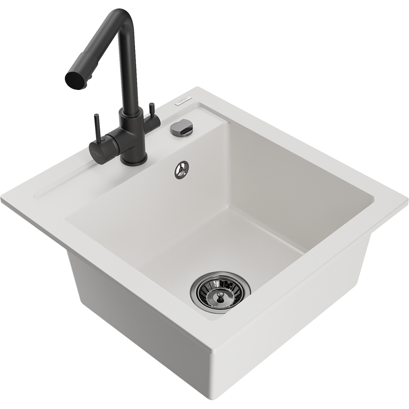 Mexen Vito granite sink 1-bowl with Duero kitchen tap, white - 6503-20-671600-70
