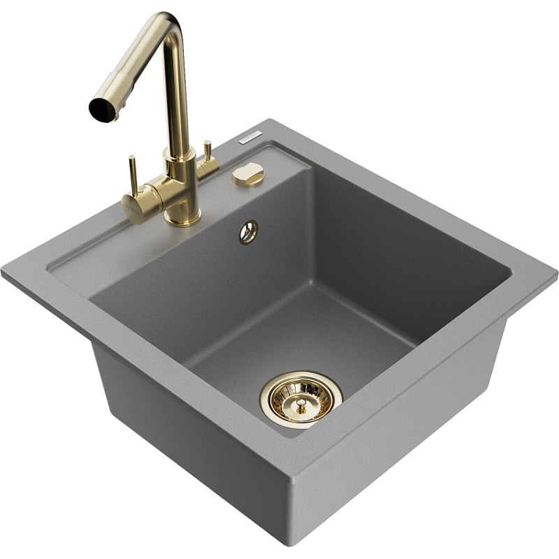 Mexen Vito granite kitchen sink 1-bowl with Duero kitchen tap, grey - 6503-71-671600-50