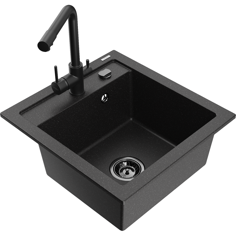 Mexen Vito granieten gootsteen 1-komorige met keukenkraan Duero, zwart/zilver metallic - 6503-73-671600-70-B