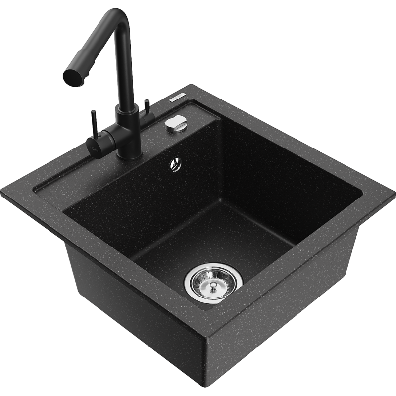 Mexen Vito fregadero de granito de 1 cubeta con grifo de cocina Duero, negro/metalizado plateado - 6503-73-671600-70