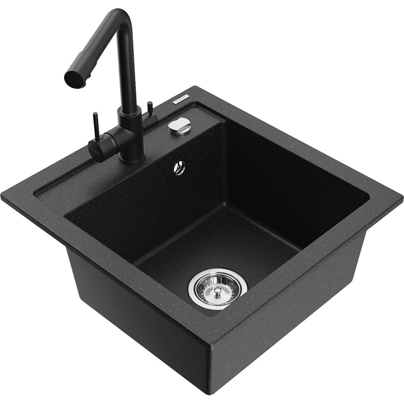 Mexen Vito fregadero de granito de 1 cubeta con grifo de cocina Duero, negro/plateado metalizado - 6503-73-671600-70