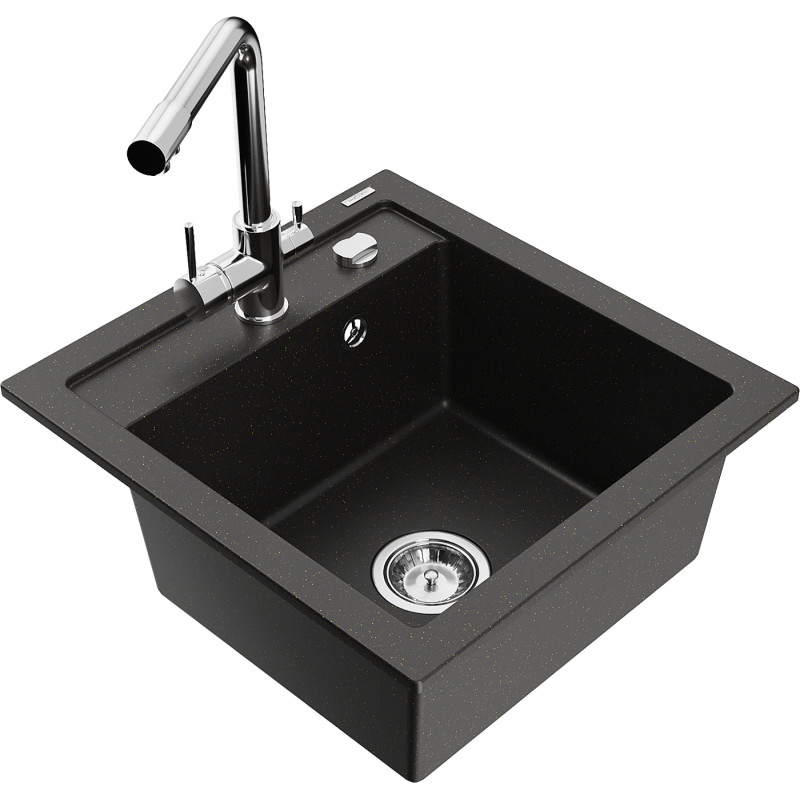 Mexen Vito granieten spoelbak met 1 bak en Duero keukenmengkraan, zwart/goud metallic - 6503-75-671600-00
