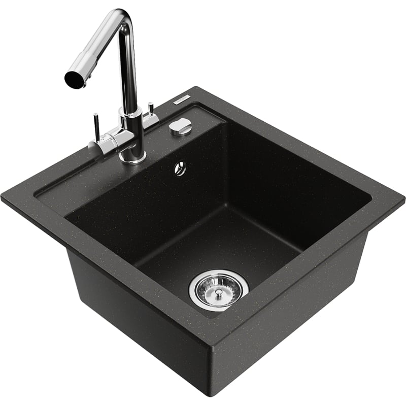 Mexen Vito granite kitchen sink 1-bowl with Duero kitchen faucet, black/gold metallic - 6503-75-671600-00