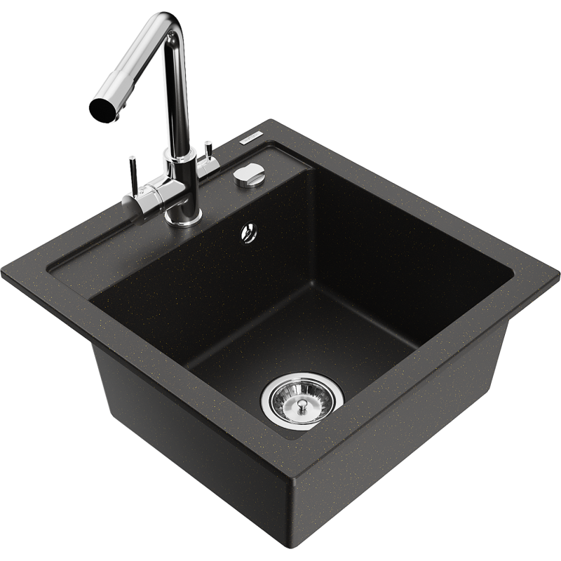 Mexen Vito Granitëmspull mat 1 Schoss mat Kichenkran Duero, schwaarz/gëllene Metallesche - 6503-75-671600-00