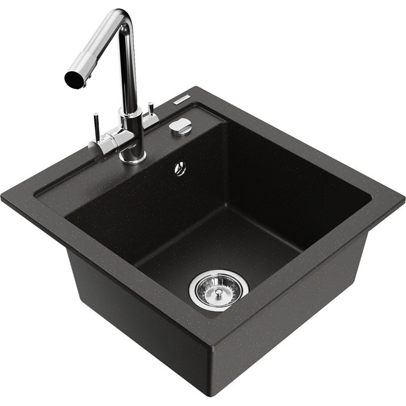 Mexen Vito lavello da cucina in granito 1 vasca con rubinetto Duero, nero/oro metallizzato - 6503-75-671600-00