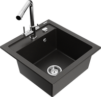 Mexen Vito granite kitchen sink 1-bowl with Duero kitchen faucet, black/gold metallic - 6503-75-671600-00