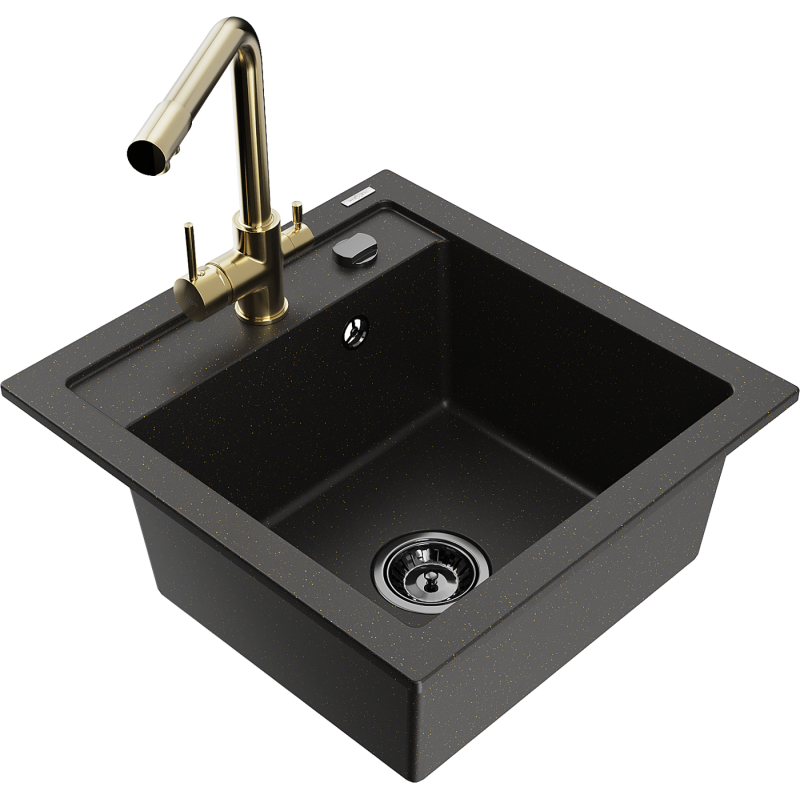 Mexen Vito fregadero de granito de 1 cubeta con grifo de cocina Duero, negro/dorado metálico - 6503-75-671600-50-B
