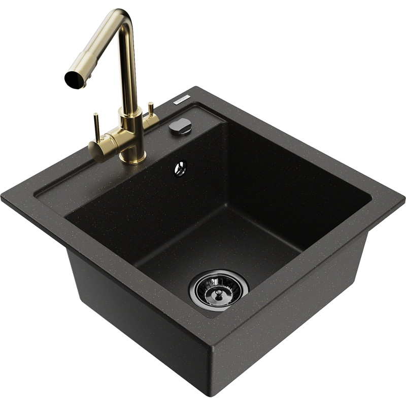 Mexen Vito Granitspüle 1-Becken mit Küchenarmatur Duero, schwarz/goldenes Metallic - 6503-75-671600-50-B