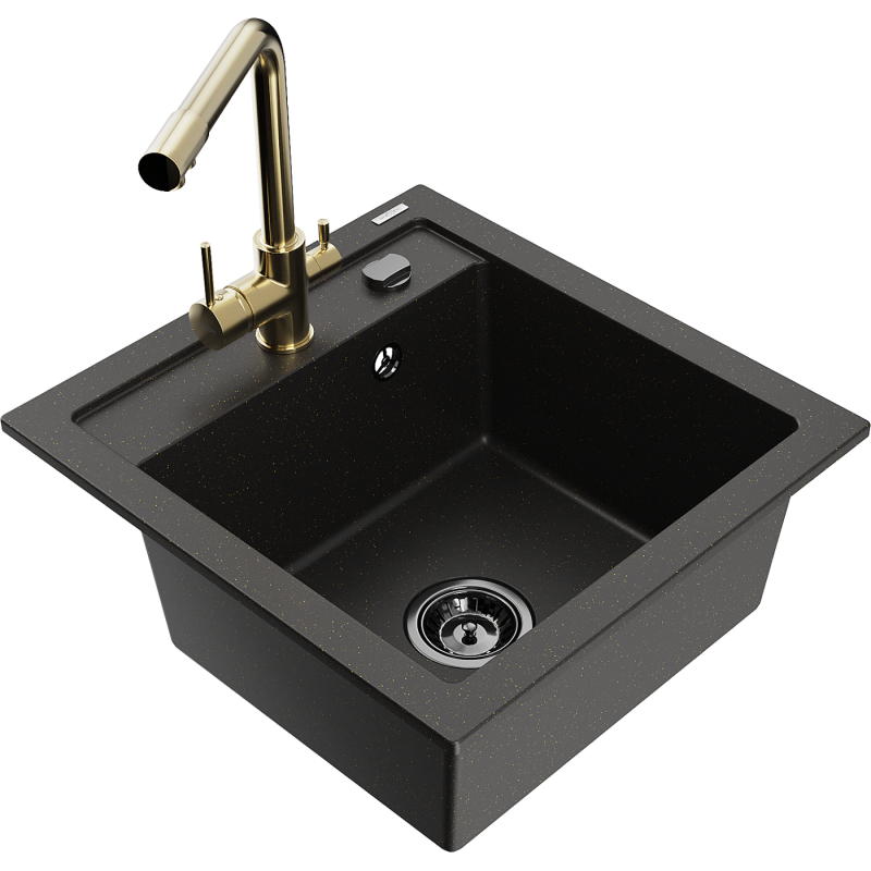 Mexen Vito lava-louça de granito 1-cuba com torneira de cozinha Duero, preto/dourado metálico - 6503-75-671600-50-B