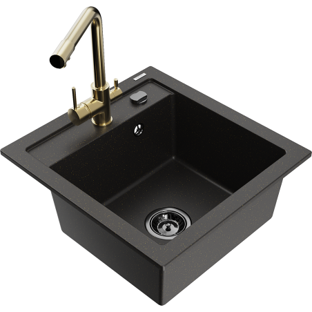 Mexen Vito fregadero de granito de 1 cubeta con grifo de cocina Duero, negro/dorado metálico - 6503-75-671600-50-B