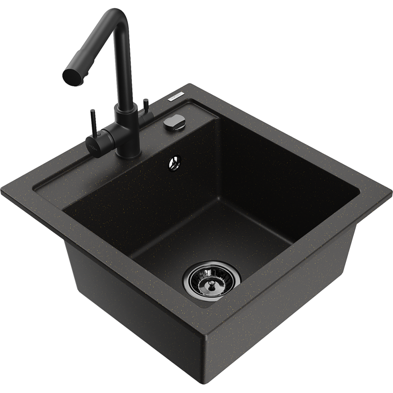 Mexen Vito fregadero de granito de 1 cubeta con grifo de cocina Duero, negro/metálico dorado - 6503-75-671600-70-B