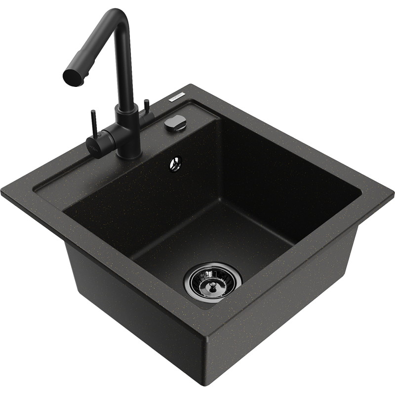 Mexen Vito granitische spoelbak 1-komorige met keukenmengkraan Duero, zwart/goud metallic - 6503-75-671600-70-B