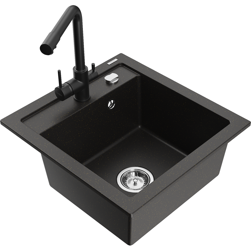 Mexen Vito 1-bowl granite sink with Duero kitchen tap, black/gold metallic - 6503-75-671600-70