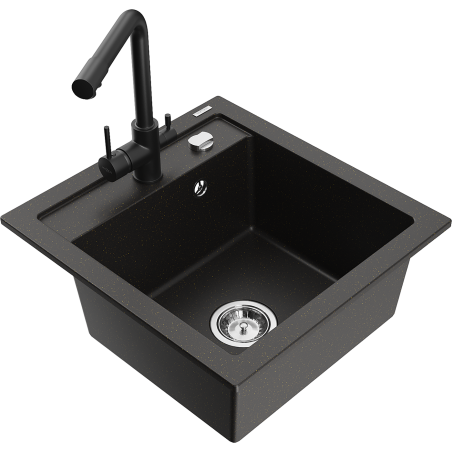 Mexen Vito fregadero de granito de 1 cubeta con grifo de cocina Duero, negro/dorado metálico - 6503-75-671600-70