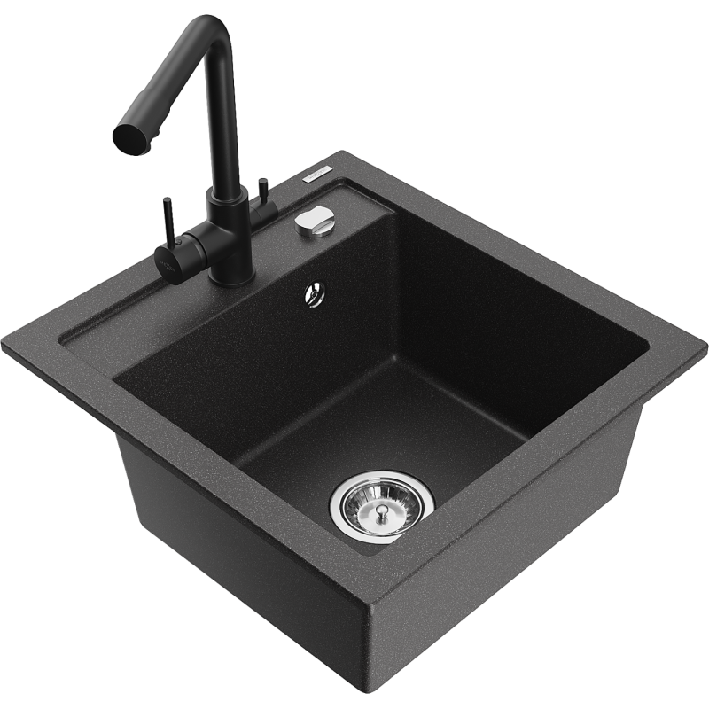 Mexen Vito granite sink 1-bowl with Duero kitchen tap, black speckled - 6503-76-671600-70