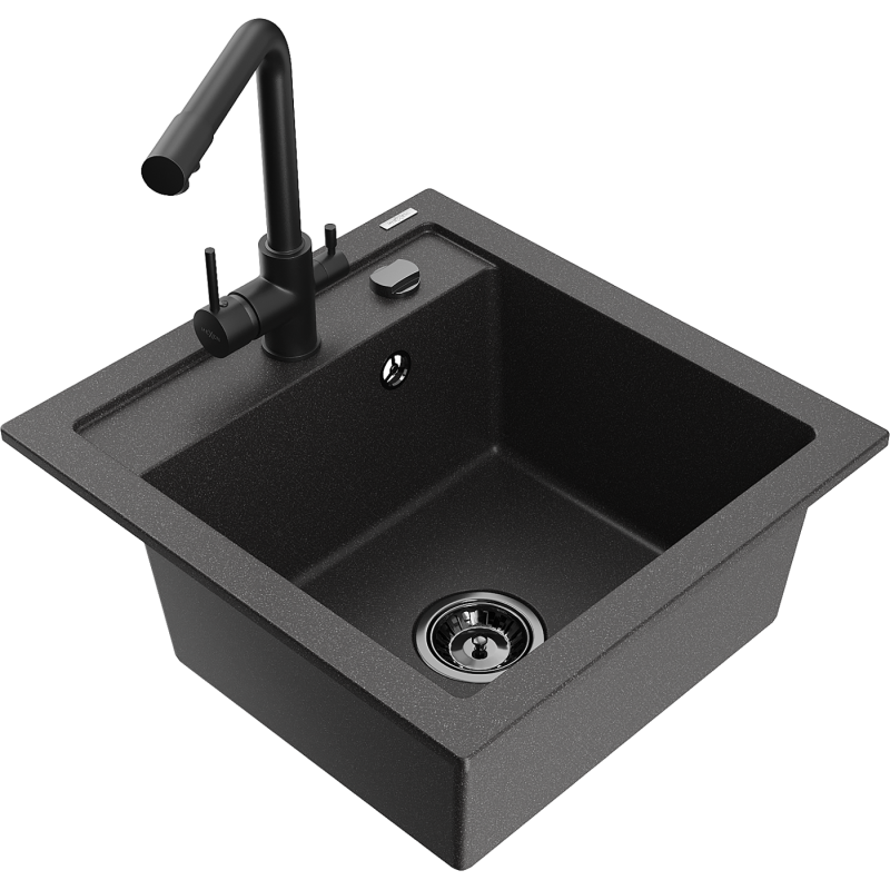 Mexen Vito granite kitchen sink 1-bowl with Duero kitchen tap, black flecked - 6503-76-671600-70-B