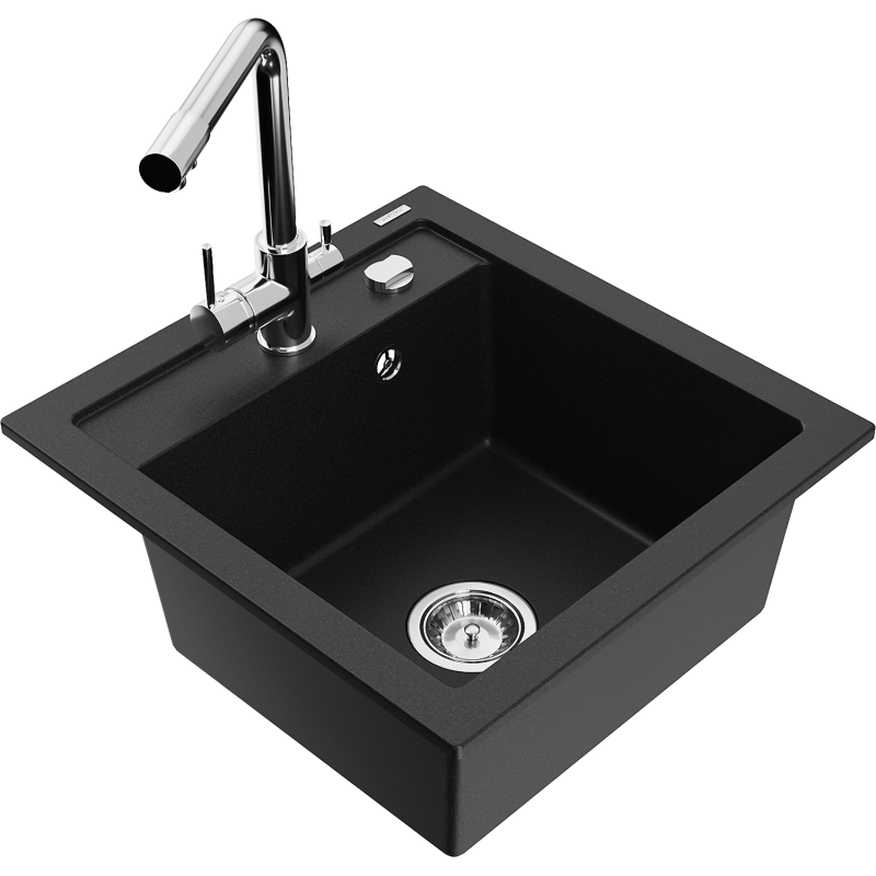 Mexen Vito granite kitchen sink single-bowl with Duero kitchen tap, black - 6503-77-671600-00