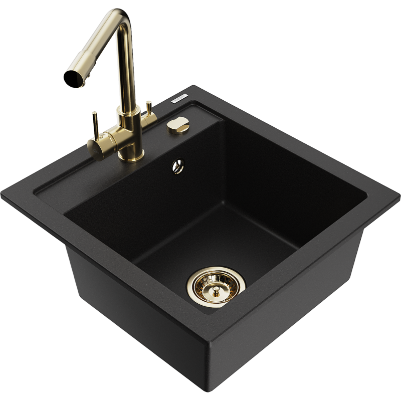 Mexen Vito lavello in granito a 1 vasca con rubinetto da cucina Duero, nero - 6503-77-671600-50