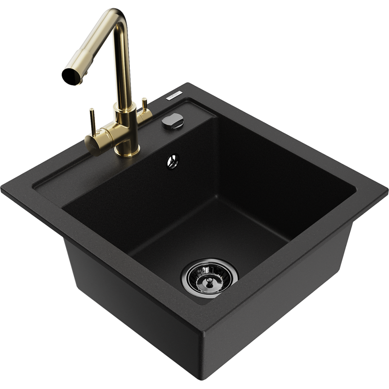 Mexen Vito granite kitchen sink 1-bowl with Duero kitchen tap, black - 6503-77-671600-50-B