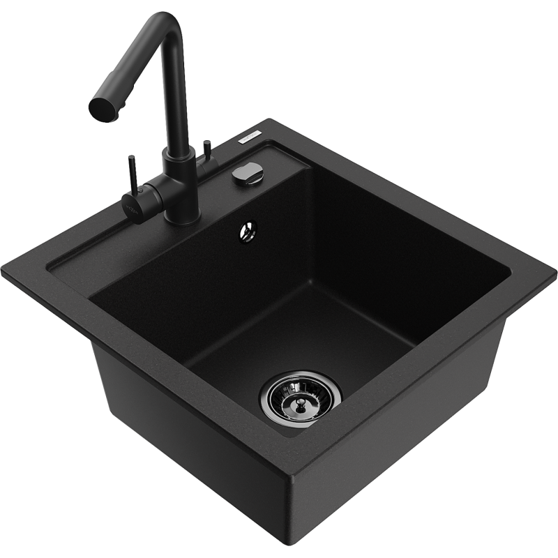 Mexen Vito granite 1-bowl sink with Duero kitchen tap, black - 6503-77-671600-70-B