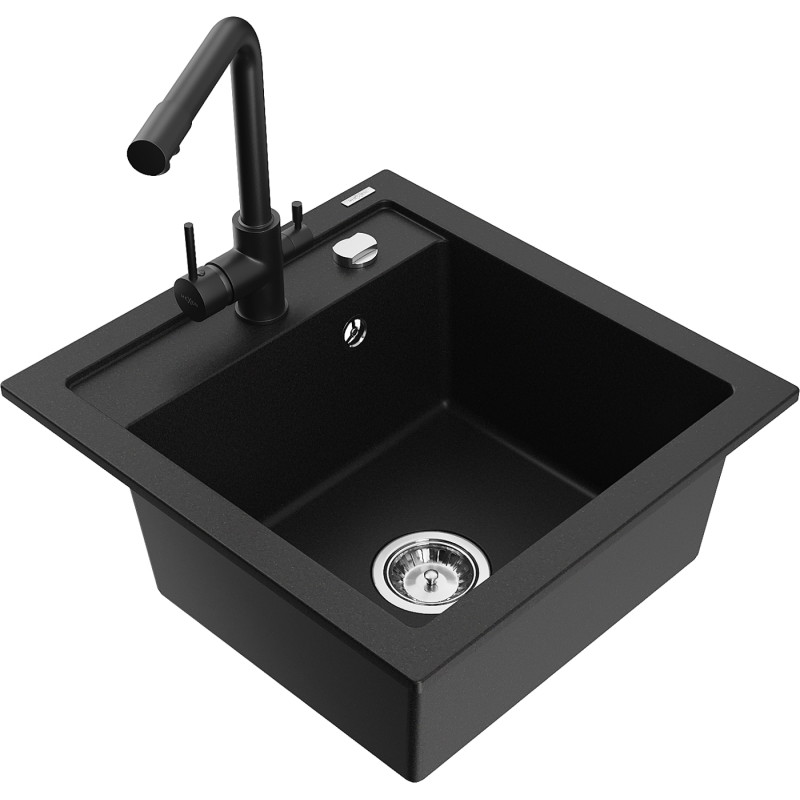 Mexen Vito fregadero de granito de 1 cámara con grifo de cocina Duero, negro - 6503-77-671600-70