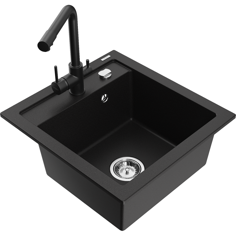 Mexen Vito granite kitchen sink with 1 bowl and Duero kitchen tap, black - 6503-77-671600-70