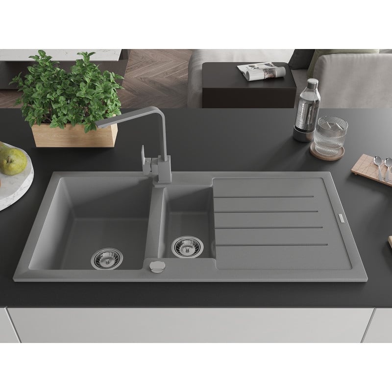 Mexen Andres Granitspüle 1,5-Kammern mit Abtropffläche und Küchenarmatur Rita, grau - 6515-71-670300-71
