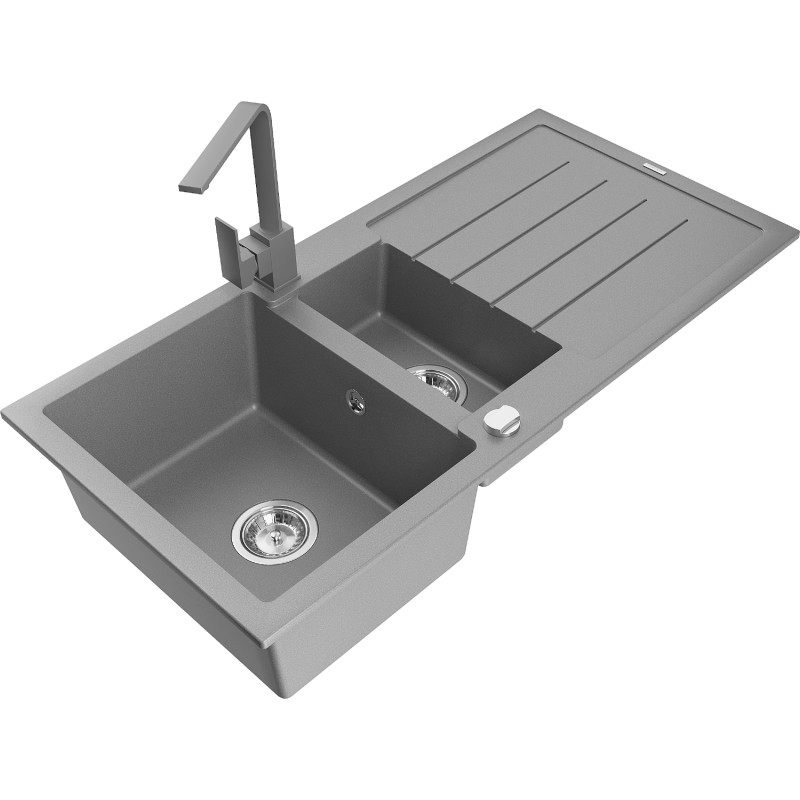 Mexen Andres fregadero de granito de 1,5 senos con escurridor y grifo de cocina Rita, gris - 6515-71-670300-71