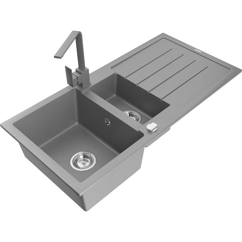Mexen Andres granite sink 1.5-bowl with drainer and Rita kitchen tap, grey - 6515-71-670300-71
