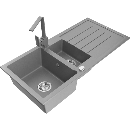 Mexen Andres granite sink 1.5-bowl with drainer and Rita kitchen tap, grey - 6515-71-670300-71
