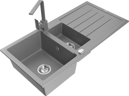 Mexen Andres granite sink 1.5-bowl with drainer and Rita kitchen tap, grey - 6515-71-670300-71