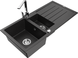 Mexen Andres 1.5-bowl granite kitchen sink with drainer and Rita kitchen tap, black/silver metallic - 6515-73-670300-00